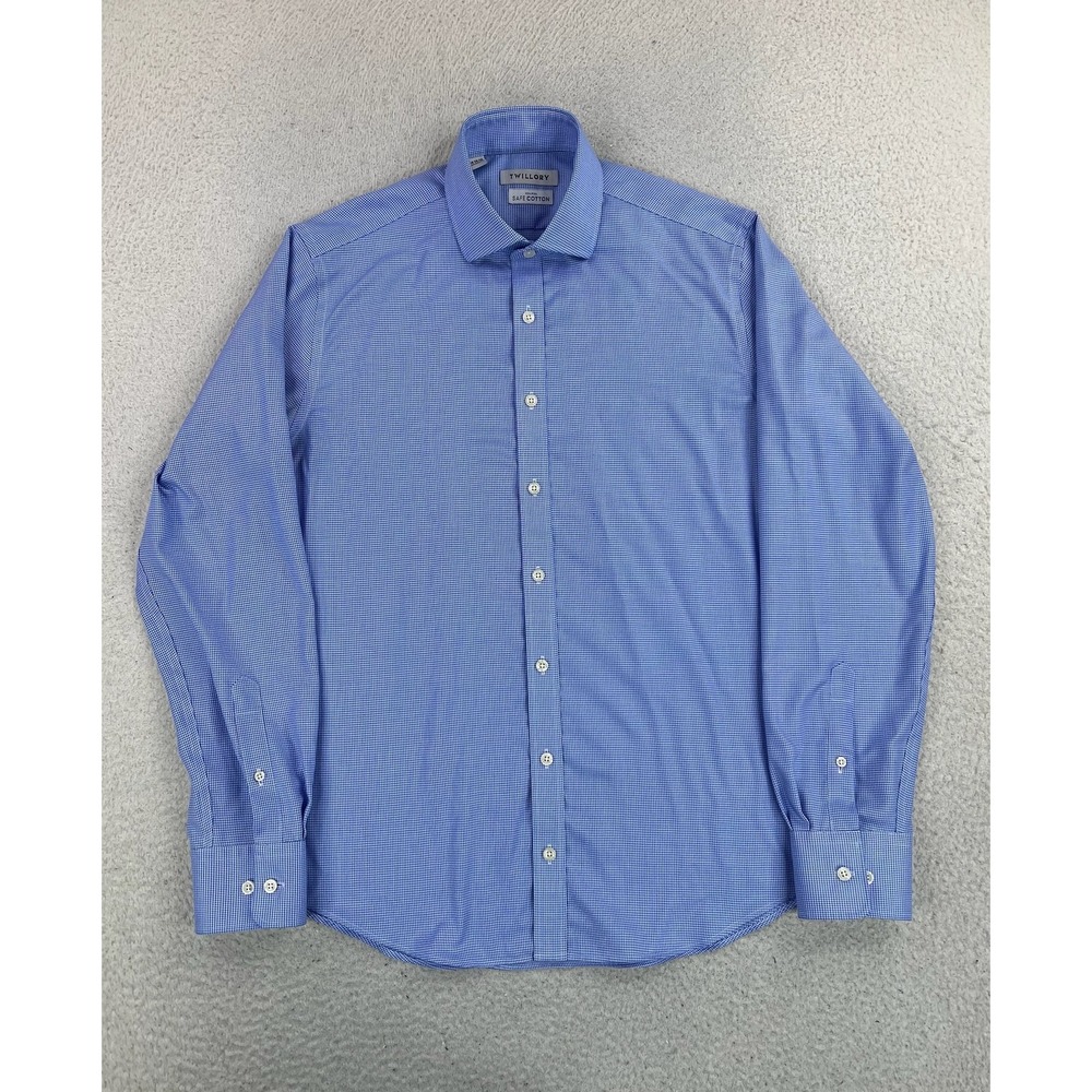 Twillory Dress Shirt Mens 16 34/35 Blue Houndstooth Tailored Fit Non Iron LS